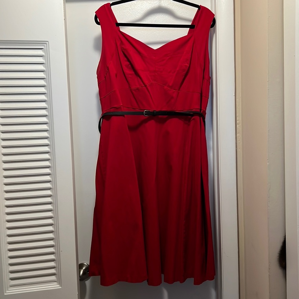 Red belted fit and flare midi dress